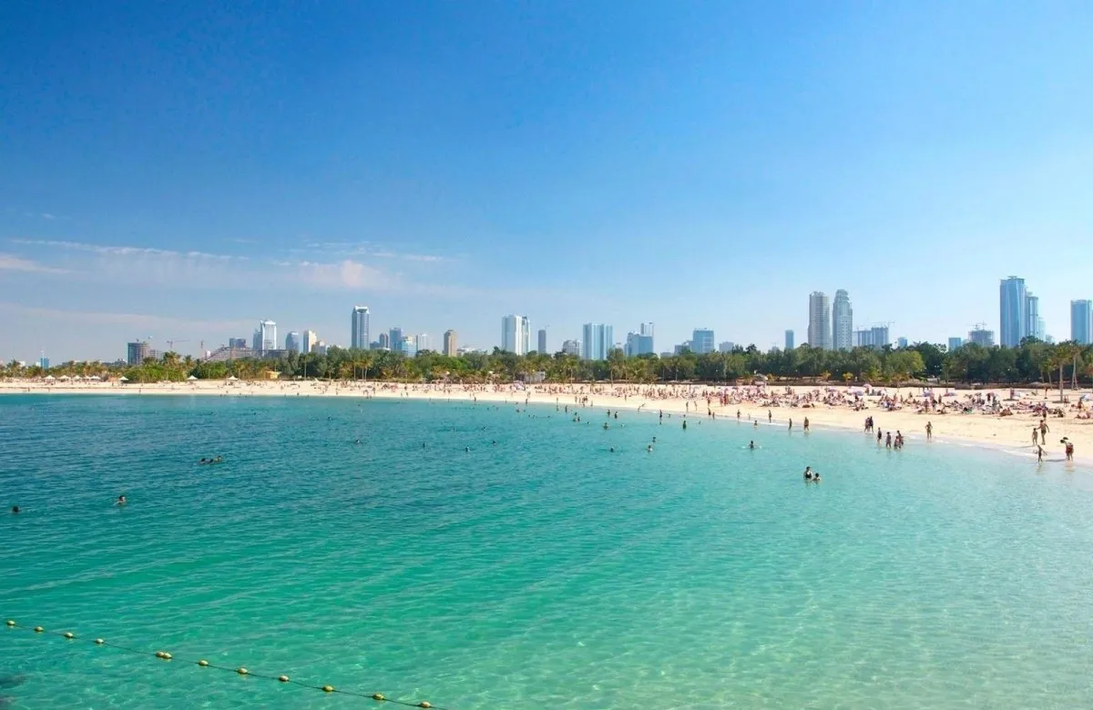 Пляж Аль-Мамзар в Дубае - популярное место для виндсерфинга благодаря сильным ветрам.